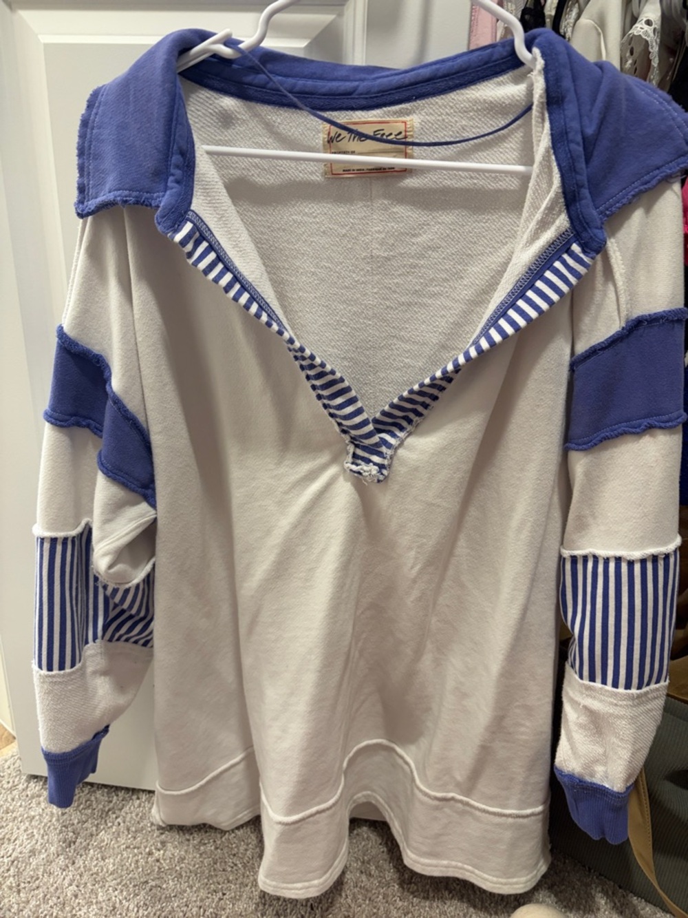 Free People Cream and Blue Striped Hooded Pullover